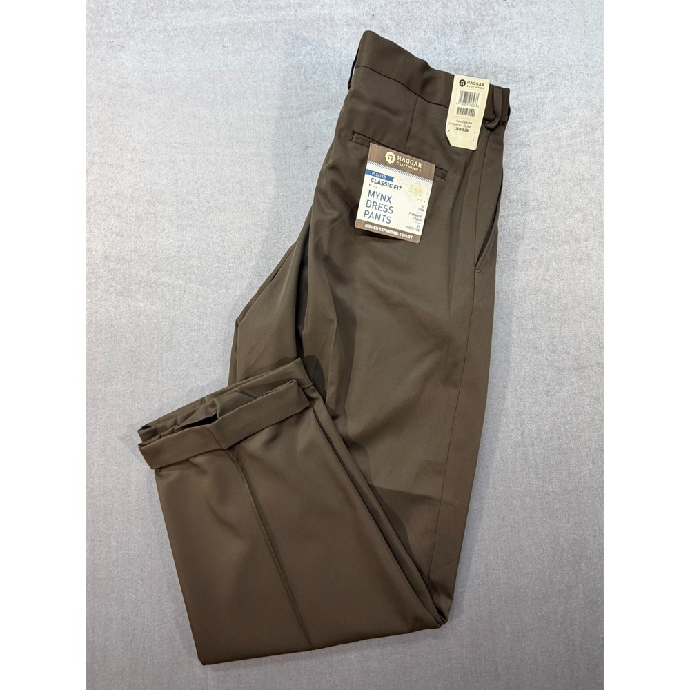 Haggar Mynx Gabardine Men Pleated Classic Fit Dress Pants Brown Size 36X29